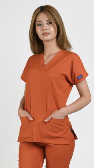 V yaka Likralı Kumaş Kiremit Tek Üst