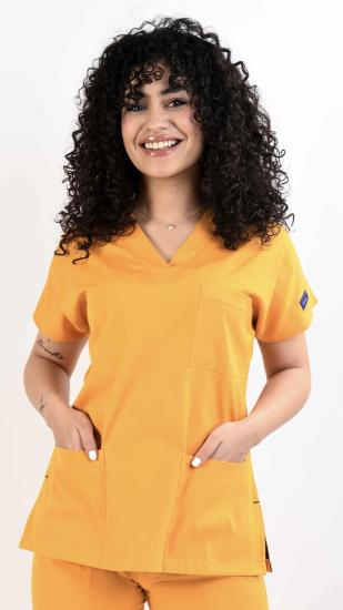 V Yaka Likralı Kumaş Hardal Sarı Tek Üst