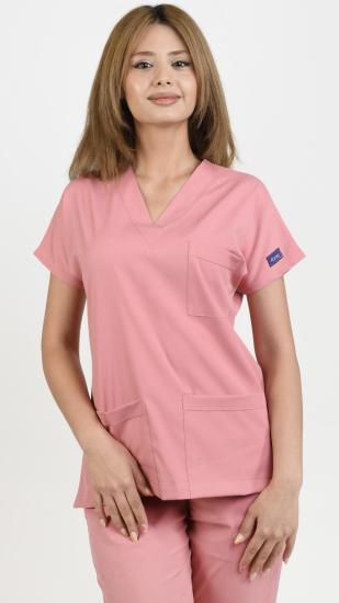 V yaka Likralı Kumaş Gül Kurusu Tek Üst